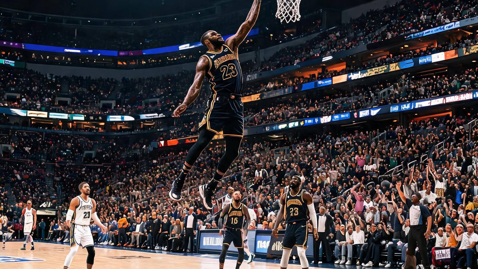 一场激烈的NBA篮球赛正在柠檬体育平台高清直播，球员飞身扣篮，观众席气氛热烈