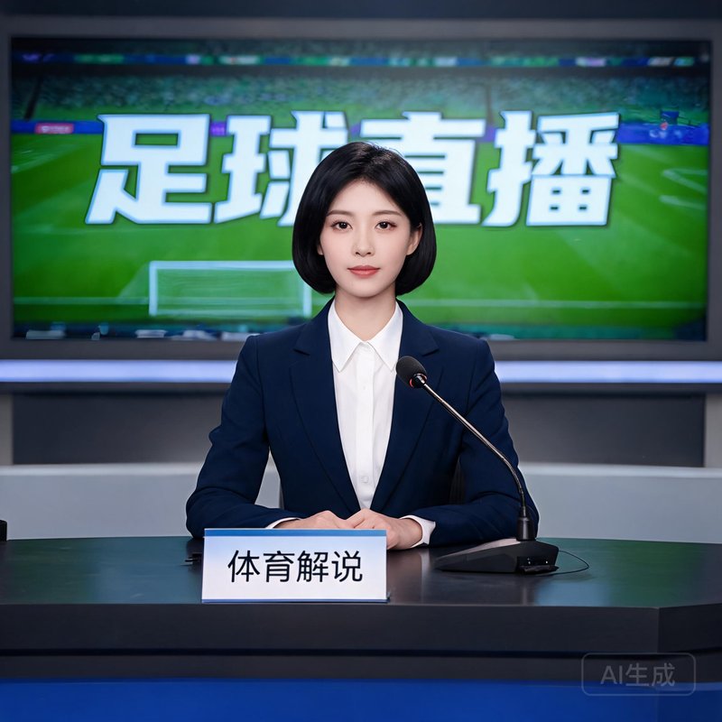足球解说员陈茜，干练短发，身穿职业西装，在直播台前准备
