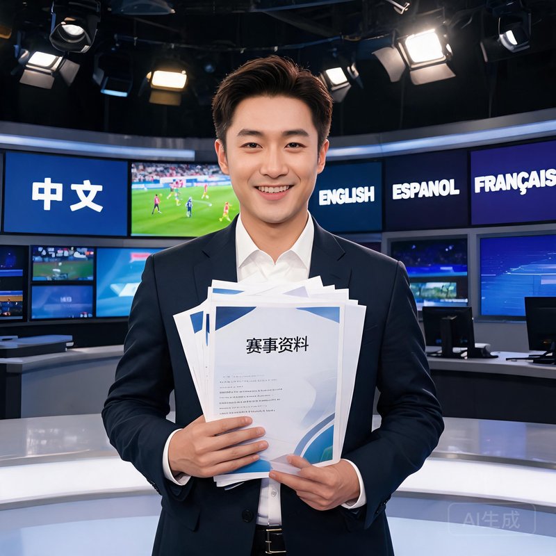 多语种解说王梓，自信微笑，手拿赛事资料，背景是国际演播室
